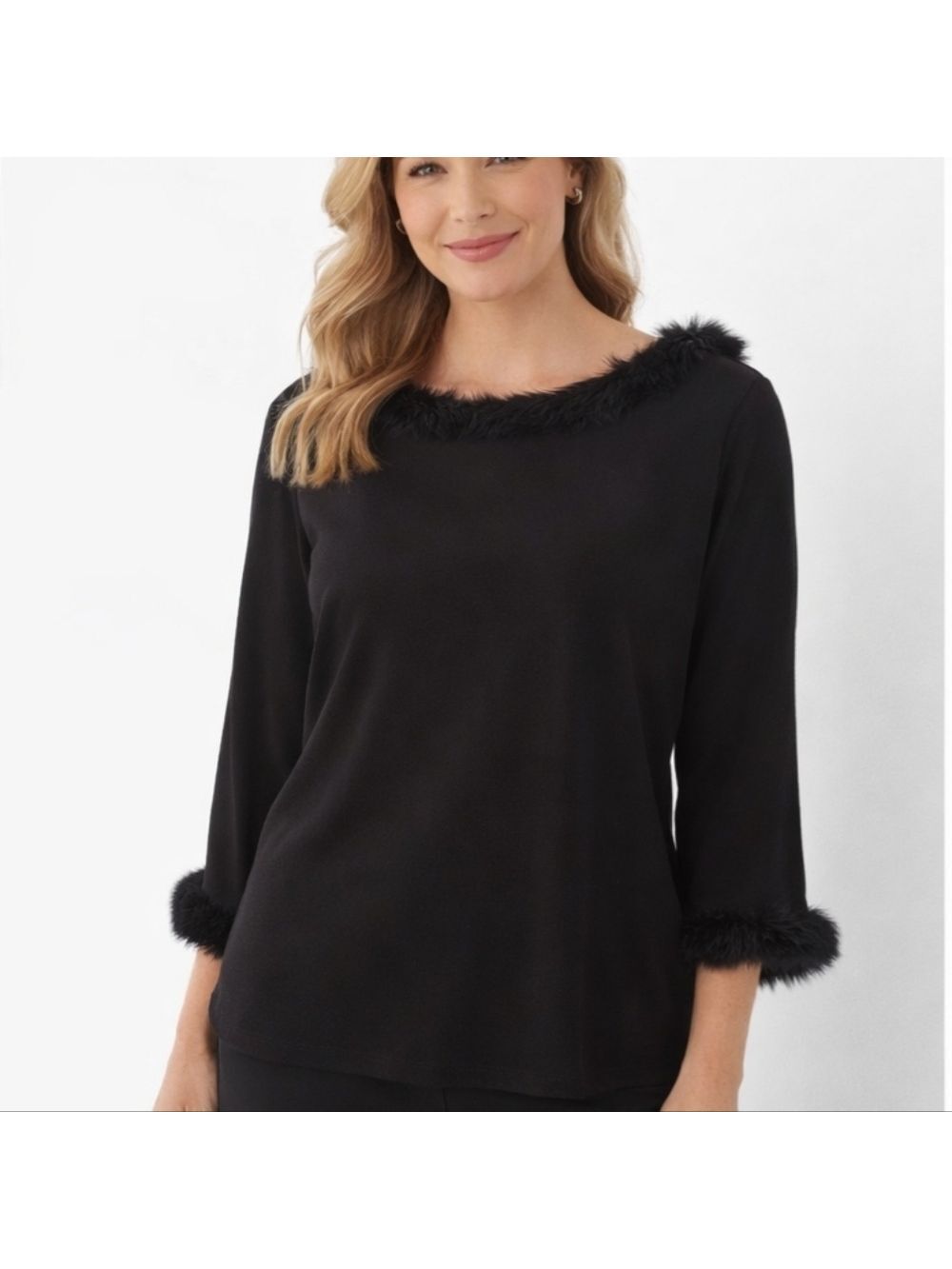 Chico’s Black Faux Fur Trim 3/4 Sleeve Top Size Large (Chico's 2)